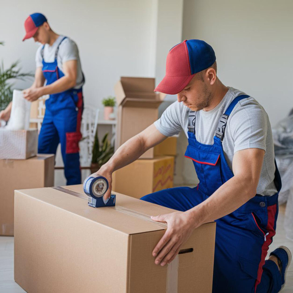 House movers in Dubai providing professional home relocation service with team carefully packing and loading furniture, boxes, and household items into a moving truck outside a residential property.