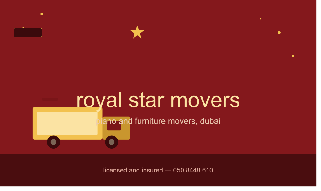 Royal Star Movers Dubai promotional banner featuring a moving truck illustration, red and gold branding, and tagline for piano and furniture moving services